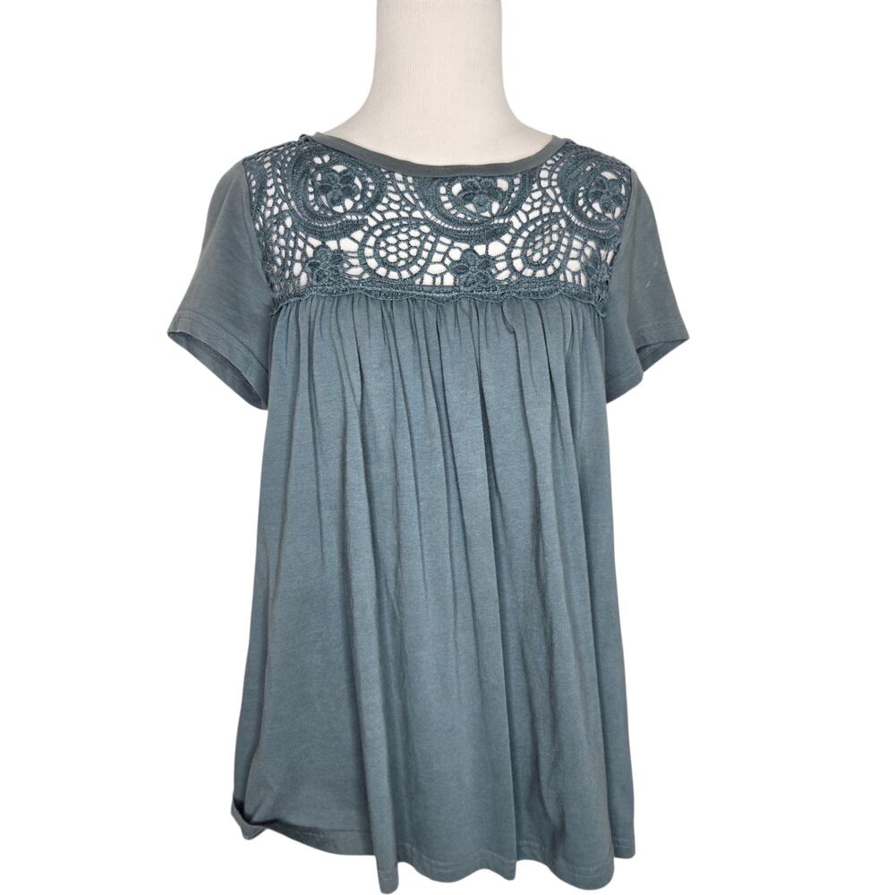 Anthropologie Relaxed Boho Crochet Blouse Womens Elevated Basics Dainty Teal XS